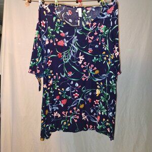 Red Lolly | Dark Blue Floral Split Sleeve Tunic / Mini Dress | XL | Rayon